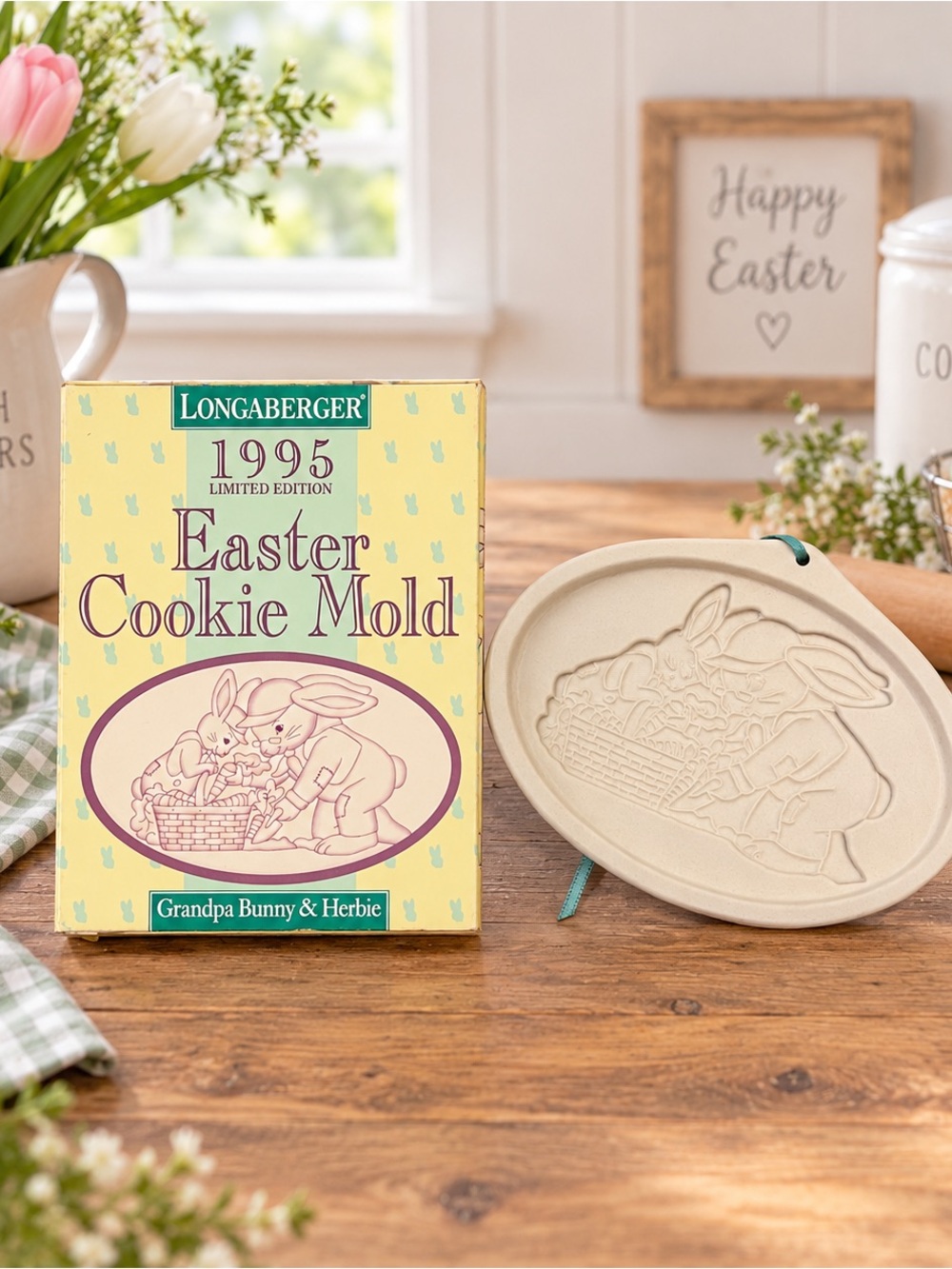 1995 Longaberger Easter Cookie Mold Grandpa Bunny & Herbie with Box and Ribbon